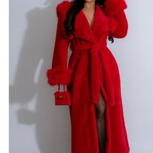 Elegant Red Faux Fur Long Coat